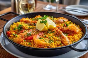 Delicious paella with shrimps, saffron rice, lemon, and parsley in a pan photo