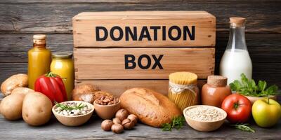 Various food donations in front of donation box on rustic wooden background photo