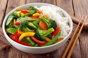 Wok vegetables with rice and chopsticks on rustic wooden table photo