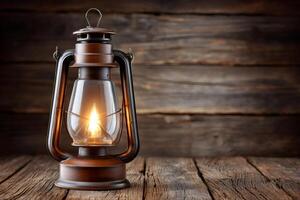 Burning oil lamp illuminating rustic wooden table in a moody setting photo