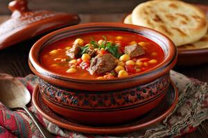 Traditional moroccan harira soup with lamb and chickpeas in a clay bowl photo