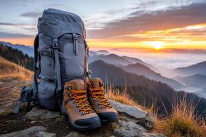 Hiking backpack and boots overlooking inspiring mountain sunrise view photo