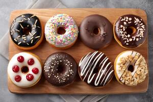 Delicious assorted donuts lying on wooden board creating colorful and tempting image photo