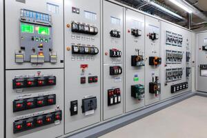 Electrical control panel showing various switches, buttons, and indicators managing power distribution photo