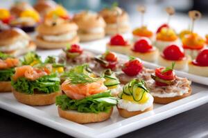 Delicious canapes on white plate, catering service preparing food for party or event photo