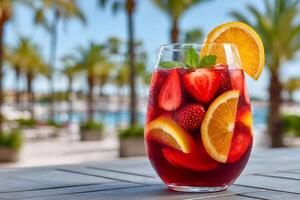 Refreshing sangria with fresh strawberries and oranges by the pool photo