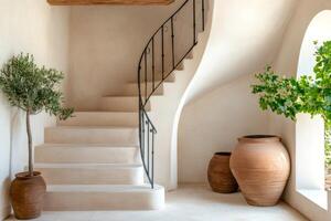 Elegant spiral staircase with plants in terracotta pots enhancing a mediterranean home photo