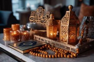Lighted lanterns, quran, and prayer beads creating a warm ramadan atmosphere photo
