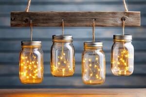 Hanging glass jars with fairy lights creating cozy ambiance photo