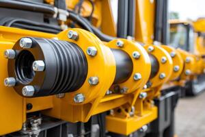 Close up of hydraulic system on heavy machinery, highlighting flexible connection, flanges, and bolts photo
