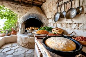 Freshly baked bread and legumes displayed near traditional stone oven in rustic kitchen photo