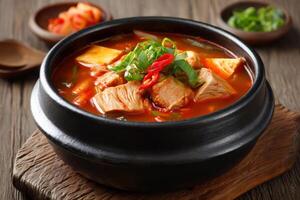 Korean kimchi jjigae soup with tofu and chicken in black stone bowl photo