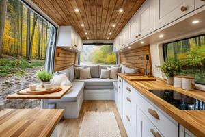 Camper van interior with kitchenette, sofa, and forest view in autumn photo