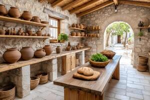 Old traditional rustic kitchen showing pottery and food displayed on wooden table photo