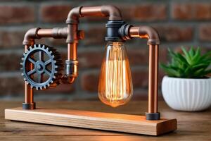 Copper pipe lamp illuminating workshop with gear and filament bulb photo
