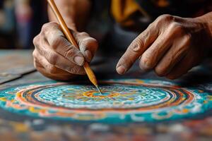 Monk drawing colorful mandala with sand and traditional tool photo