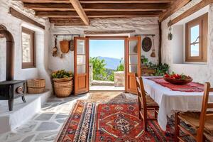 Dining room interior design in rustic cottage with mountain view unveiling through open doors photo