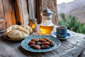 Enjoying traditional breakfast with dates, bread, tea, and candlelight in desert oasis photo