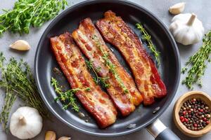 Fried bacon with thyme and spices in a frying pan.. photo