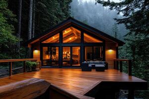 Cozy wooden cabin illuminating the misty forest at twilight photo