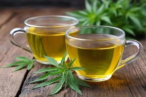 Cannabis tea in glass cups with fresh hemp leaves on rustic wooden table photo