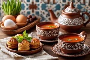 Delicious harira soup, chebakia, dates, and eggs are enjoying during the holy month of ramadan photo