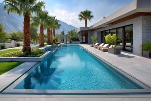 Modern luxury villa with inviting swimming pool and palm trees photo