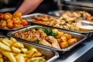 Chef preparing chicken and potatoes for catering buffet, delicious food ready to be served photo
