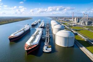 Lng tanker ship docking at a terminal, unloading liquefied natural gas photo
