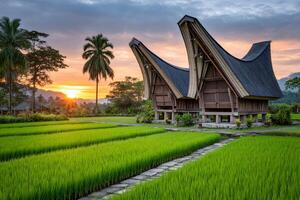 Scenic view of traditional tongkonan houses in rice fields at sunset, tana toraja regency, sulawesi, indonesia photo