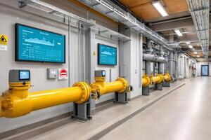 Gas distribution control center monitoring energy consumption with digital screens displaying real time data photo