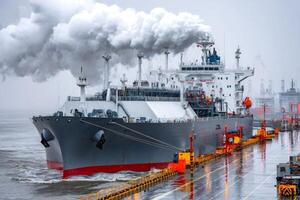 Large lng tanker moored at a terminal emitting greenhouse gases photo