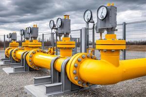 Gas pipeline distribution station showing pressure gauges measuring pressure and flow photo