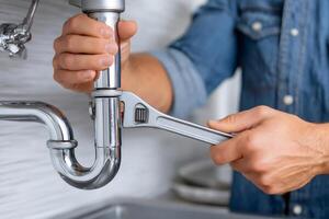 Plumber working, repairing sink pipe with adjustable wrench photo