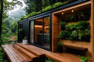 Modern container house with green roof and vertical garden in forest setting photo