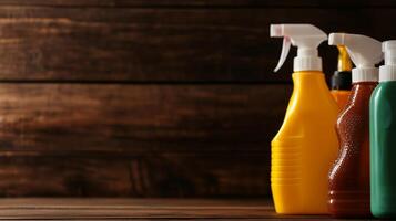 A row of spray bottles on a wooden table photo