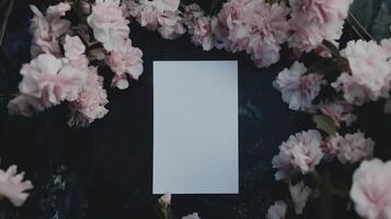 A blank piece of paper surrounded by pink flowers photo