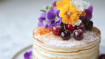 A stack of pancakes topped with cherries and flowers photo