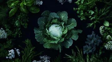 A large green cabbage surrounded by other plants photo