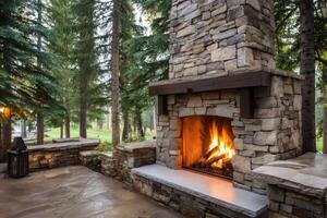 Outdoor fireplace burning brightly in a forest setting photo