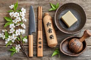 Traditional japanese objects creating a peaceful and zen atmosphere photo
