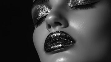 A woman with glitter makeup and a black background photo