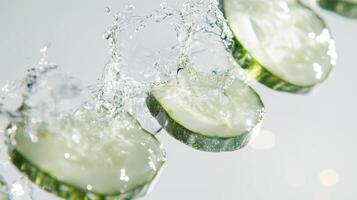 Cucumber slices being splashed with water photo