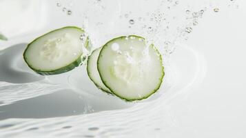 A cucumber slice is being splashed with water photo