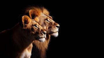 Two lions standing side by side in the dark photo