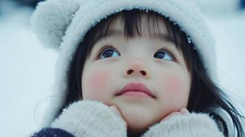 A little girl wearing a winter hat looking up photo