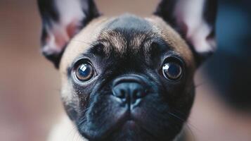 A close up of a french bulldog looking at the camera photo