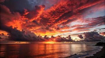Fiery sunset over the ocean with dramatic clouds and reflections photo
