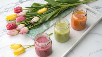 Colorful smoothies in jars with tulips on a marble tray, still life photo