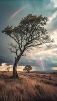 Lone tree stands in a field during a dramatic lightning storm photo